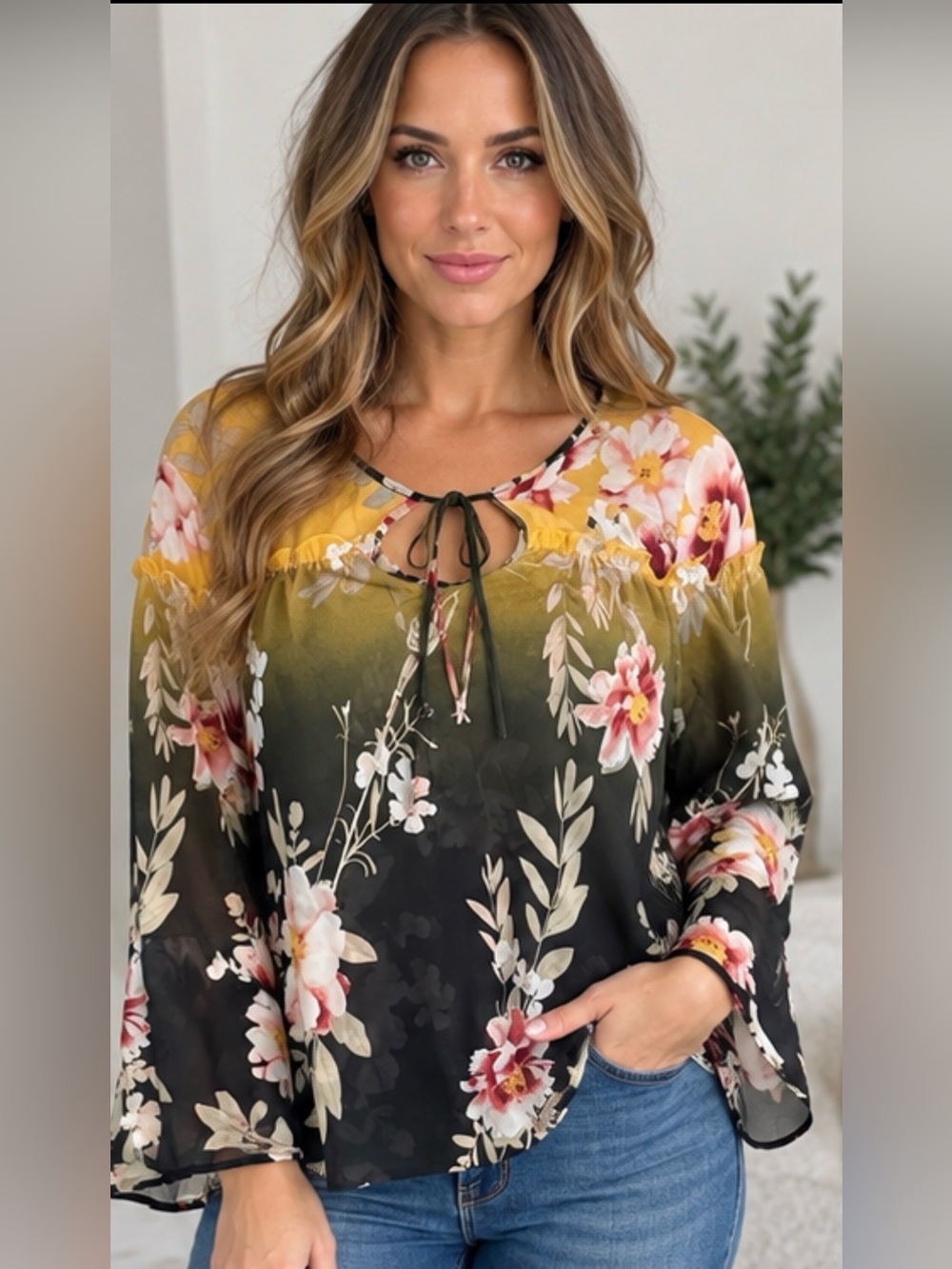 SOHO Floral Bell Sleeve Blouse – Women’s Size Large 🌸